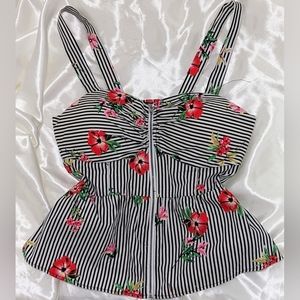 Womens Medium Black/White Striped, Padded & Flared Vibrant Floral Print Tank Top